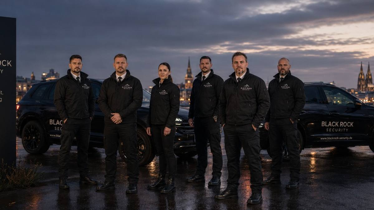 Das Einsatzteam von Black Rock Security vor den Dienstfahrzeugen