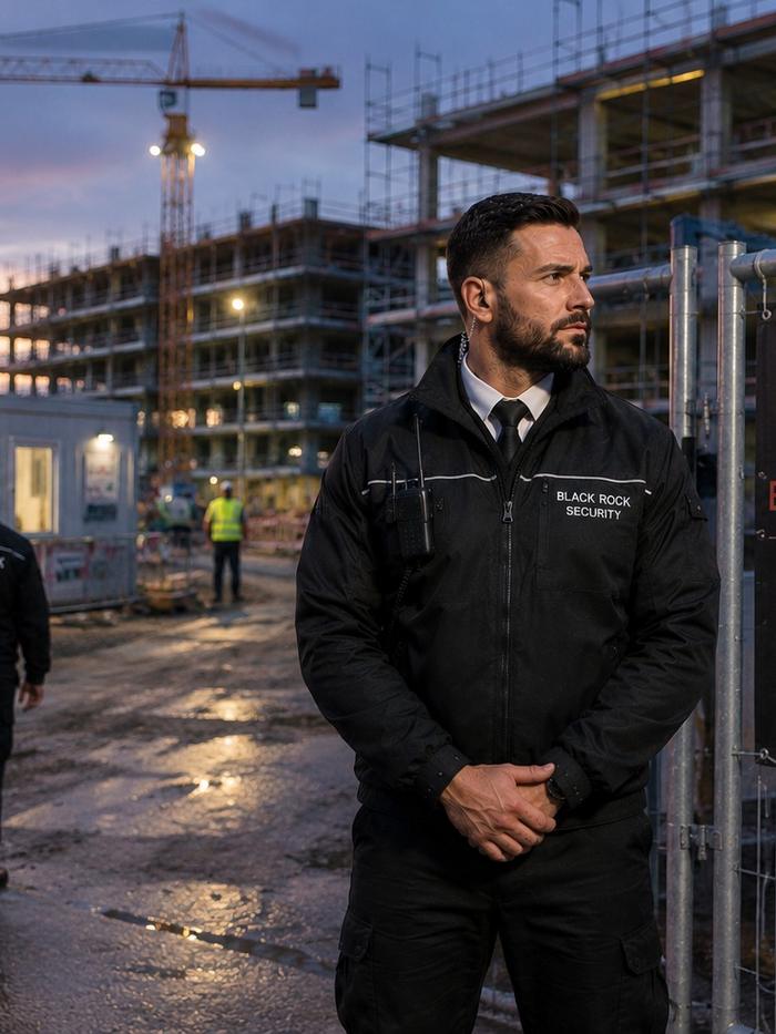 Baustellenbewachung von Black Rock Security an einer abgesperrten Großbaustelle