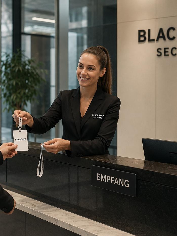 Empfangskraft von Black Rock Security übergibt einen Besucherausweis am Tresen