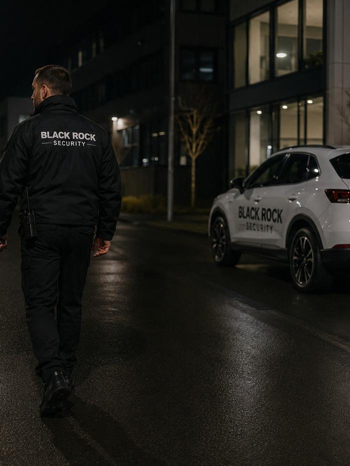 Streifenwagen von Black Rock Security bei einer nächtlichen Kontrollfahrt