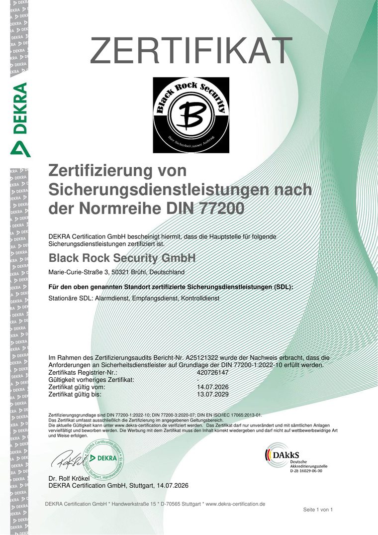 DEKRA-Zertifikat: Zertifizierung von Sicherungsdienstleistungen nach DIN 77200 für Black Rock Security GmbH